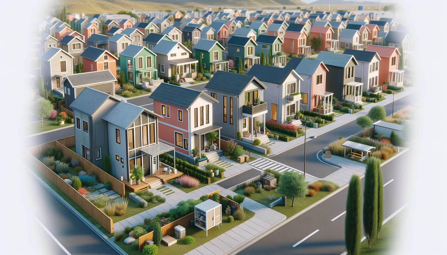 DALL·E 2024-06-09 16.04.35 - A suburban area densely populated with tiny homes, each distinct in design but harmonious in size. The scene shows a variety of small, modern houses w
