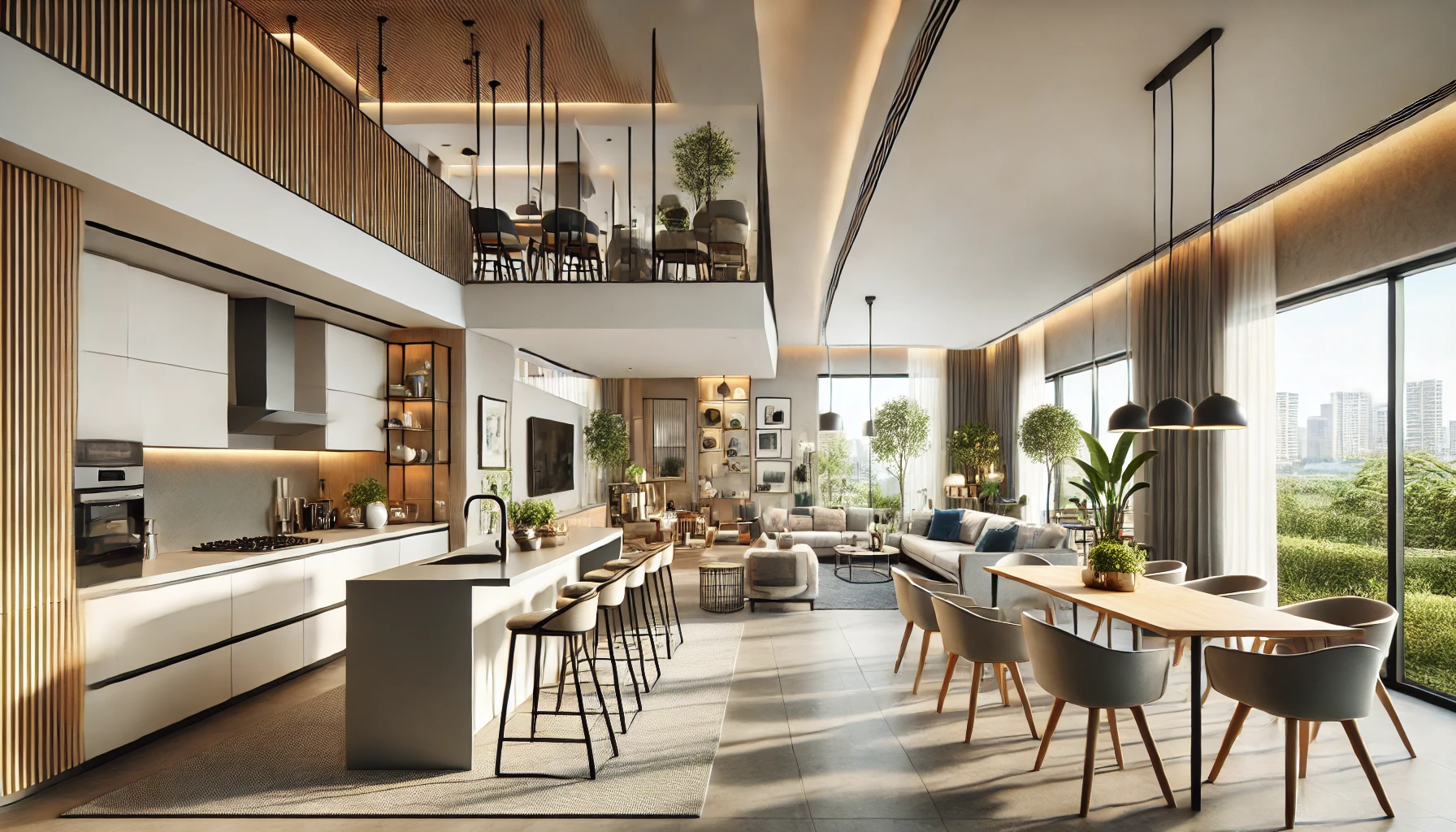 DALL·E 2024-06-19 11.24.36 - A modern open floor plan concept featuring a spacious layout with a combined kitchen, living room, and dining area. The space is filled with natural l